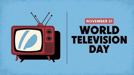 Retro-Styled World Television Day Illustration with Vintage Red TV, Antenna, and November 21 Text on Light Blue Textured Background