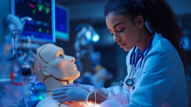 nursing student practicing patient care techniques on a medical dummy in a simulation lab