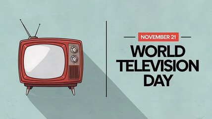 Retro-Styled World Television Day Illustration with Vintage Red TV, Antenna, and November 21 Text on Light Blue Textured Background