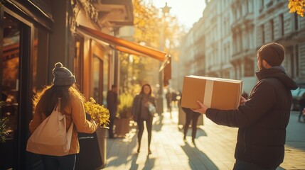 Obraz premium courier handing a customer a package with contactless delivery, both wearing masks