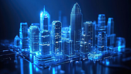 A glowing blue digital city model with futuristic holographic buildings
