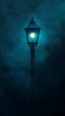 A vintage street lamp glowing in the dark, foggy night, with an old London city background in blue tones