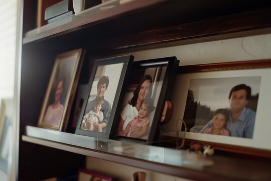 A collection of family photographs proudly displayed on a wooden shelf, preserving priceless memories and familial bonds in a homely setting.