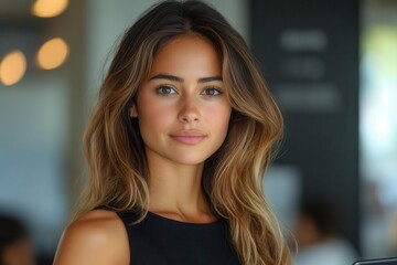 Fototapeta premium confident young hispanic woman standing in a sleek office radiating professionalism and success engaged with her tablet symbolizing empowerment in the business world