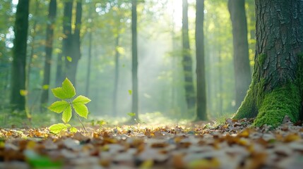 A serene forest scene with dappled sunlight filtering through trees, highlighting a young plant surrounded by fallen leaves.