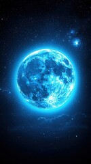 Obraz premium Glowing blue moon in a starry night sky, ethereal atmosphere, captivating cosmic beauty.