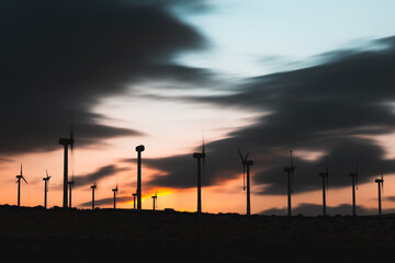 Obraz premium Long exposure of wind poles in Fuerteventura desert at blue hour