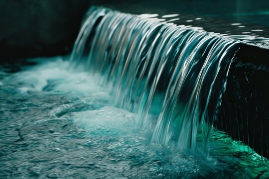 A close-up view of a waterfall, water cascading smoothly over stone, with a calming turquoise hue adding tranquility to the scene.