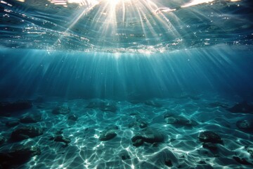 Fototapeta premium Sunlight beams through the sparkling ocean surface, creating a mesmerizing underwater dance of light and shadow with an aura of calmness.