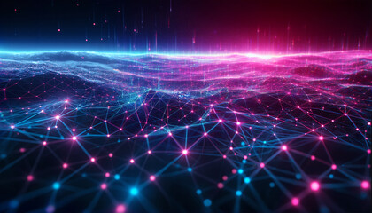 Obraz premium Cybernetic Landscape: Abstract digital art depicting a futuristic landscape of interconnected nodes and glowing lines, creating a mesmerizing visual of technological advancement and data flow. 