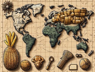 Artistic world map collage with various cultural artifacts on textured background.