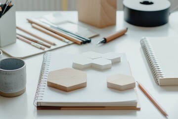 Pencils and notebooks are neatly arranged around hexagonal tiles, creating a minimalist workspace that emphasizes order and creativity.