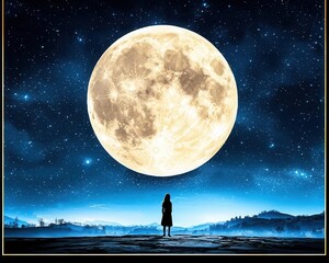 Obraz premium A figure stands in awe under a luminous moon, surrounded by a starry sky, evoking feelings of wonder and tranquility.