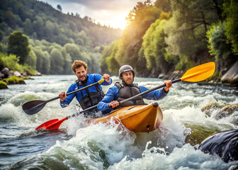 Two men in a yellow kayak on a river
