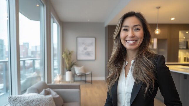 smiling real estate agent showing a modern apartment to prospective buyers, with large windows flooding the space with natural light, symbolizing personalized real estate services