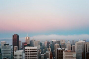 Obraz premium A city skyline bathed in the soft pastels of dawn, with skyscrapers rising through a gentle haze, capturing the serene transition from night to day.