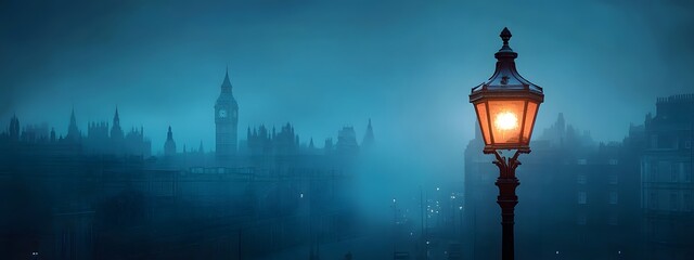 A vintage street lamp glowing in the dark, foggy night, with an old London city background in blue tones