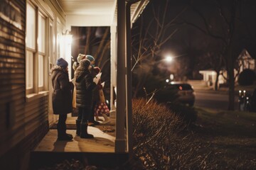 Children sing carols on a warmly lit porch on a crisp winter night, surrounded by the glow of nearby homes, spreading festive cheer.