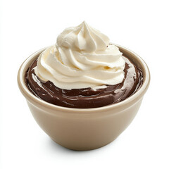 A bowl of chocolate pudding with whipped cream, isolated on a white background, emphasizing rich and creamy dessert