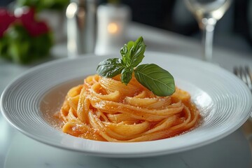 creamy penne alla vodka pasta served elegantly on a pristine white plate the pink tomato sauce glistening under soft light inviting and delicious perfect for a gourmet italian meal