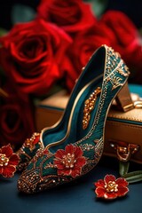 Elegant designer shoes adorned with floral patterns, surrounded by vibrant red roses and luxury accessories.