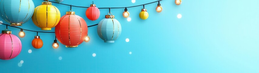 Colorful lanterns hanging against a blue background, creating a festive atmosphere.