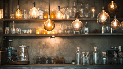 Cozy lighting arrangement with vintage bulbs and glass bottles in a rustic setting
