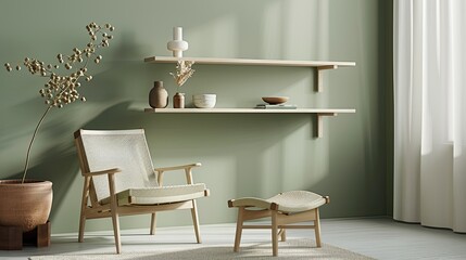 A sage green wall with a shelf and chair, pastel colors