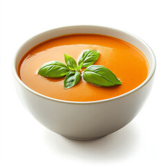 A bowl of creamy tomato soup with a basil garnish, isolated on a white background, showcasing its rich texture