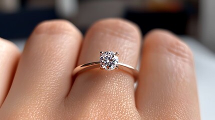 Obraz premium A close up image of an elegant finger delicately adorned with a sparkling diamond ring, set against a minimalist background for a sophisticated and refined look.