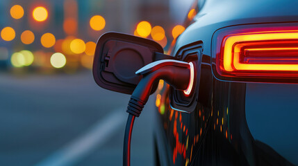 Futuristic fuel cell powering a sleek electric vehicle, neon cityscape reflection, advanced energy technology, fuel cell technology, sustainable future