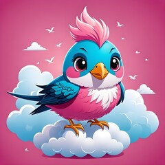 Obraz premium cartoon bird sitting on a cloud illustration. pink background