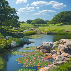 Obraz premium A serene landscape featuring a pond with lily pads and vibrant flowers.