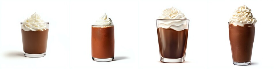 Different types of chocolate drinks with whipped cream on a white isolate background