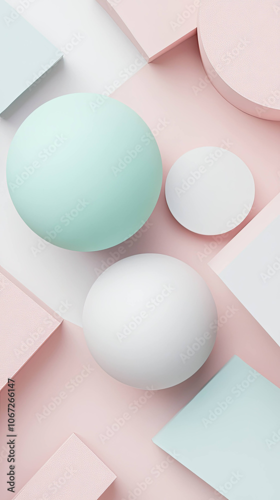 Poster sophisticated arrangement of pastel shapes including spheres and geometric forms creates calming and modern aesthetic. soft colors enhance visual appeal