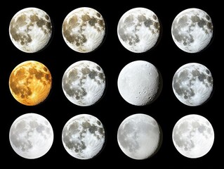 Obraz premium Collection of moon phases displayed on a black background, showcasing lunar variations and details.