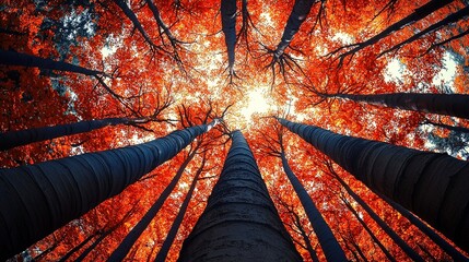 Vibrant autumn foliage viewed from below, showcasing towering trees against a bright sky.