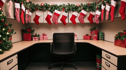 A festive office cubicle decorated with Christmas stockings, garlands, and colorful wrapped gifts, creating a cheerful holiday atmosphere.