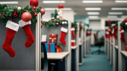 A festive office scene decorated for Christmas with stockings, garlands, and colorful gifts adorning cubicle partitions.