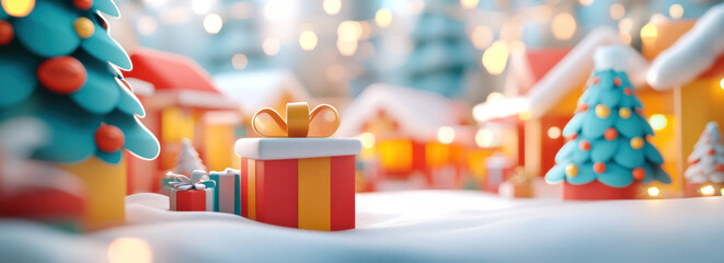 Festive Christmas scene with colorful gifts, decorated trees, and cozy houses. atmosphere is joyful and magical, perfect for holiday celebrations