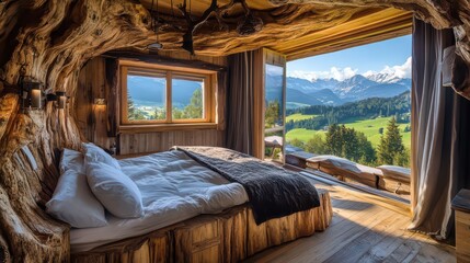 Hotel room made of natural materials, mountain view, eco-friendly holiday concept, Austria 