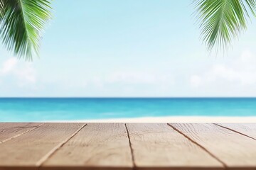 Beautiful beach view with wooden deck, clear blue ocean, and green palm leaves against a sunny sky.