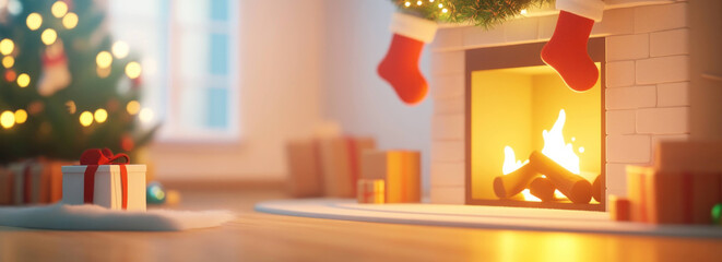 Cozy Christmas scene with stockings, fireplace, and gifts. Warm ambiance and festive decorations create joyful holiday atmosphere