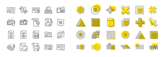 Set of Instruction, Plan and Manual icons. Design shape elements. Technical document line icons. Help document, Building plan and Algorithm symbols. Vector