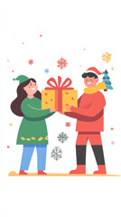 Cheerful couple exchanging gifts during festive celebration, surrounded by snowflakes and holiday decorations. Joyful atmosphere of giving and sharing