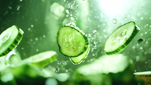 Green and healthy food ingredients in motion concept. Fresh cucumber slices levitating falling on green background with water droplets