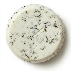 A whole round of artisan goat cheese with visible herbs, isolated on a white background, capturing rustic texture and detail