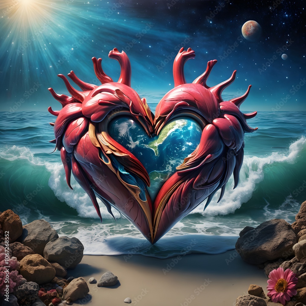 Poster a stunning visualization of a heart symbolizing love set against the cosmic backdrop of the universe