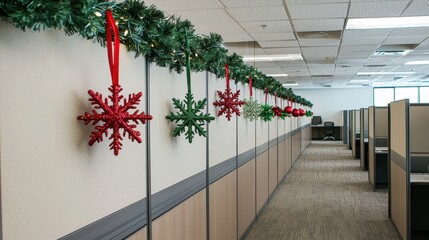An office cubicle decorated with green garlands and red snowflakes for the holiday season, creating a festive atmosphere.