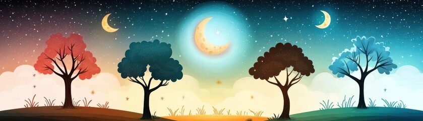 Fototapeta premium A beautiful illustration of trees against a starry night with crescent moons and vibrant colors.